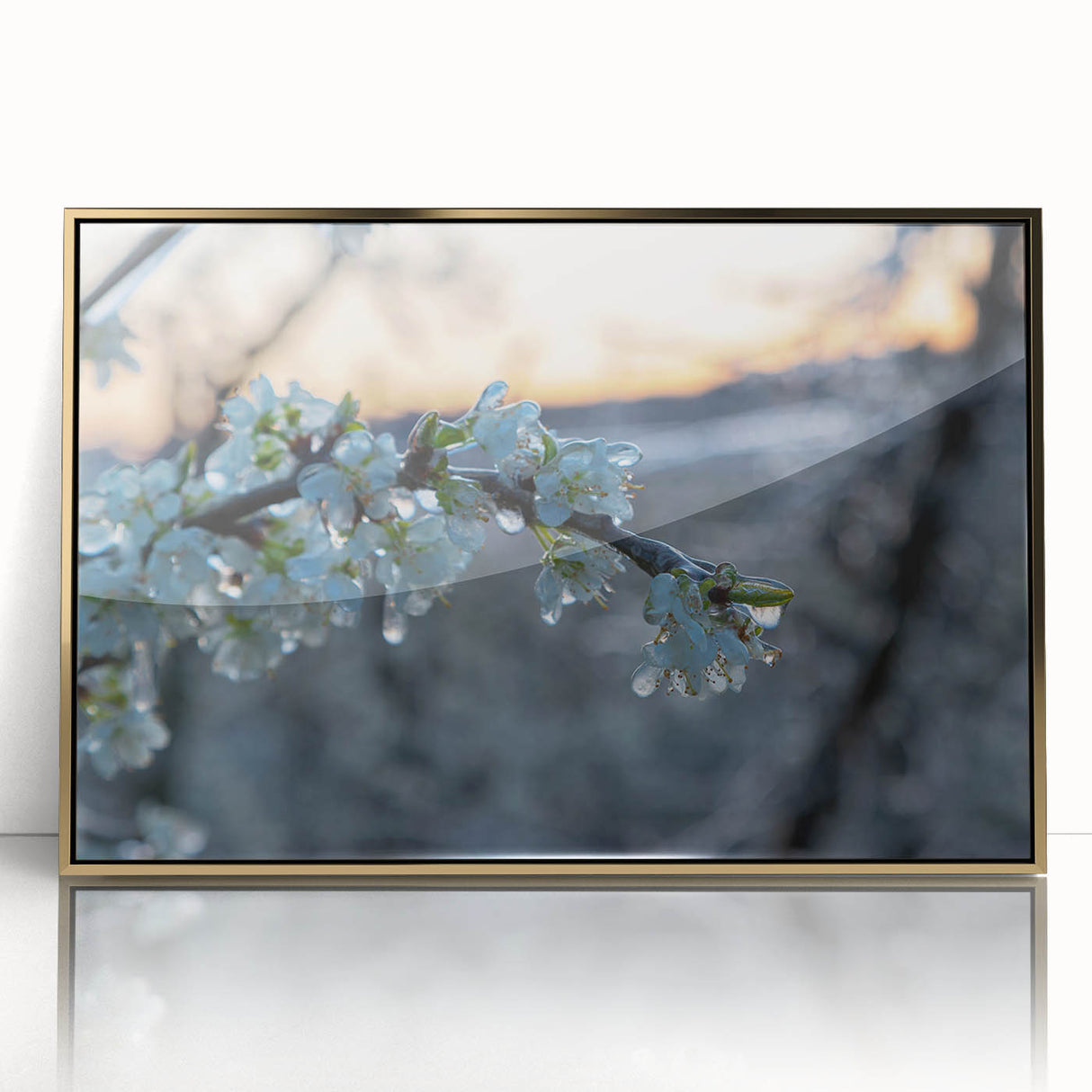 Mid-century modernist art depicting a frost design in muted blue and white tones, framed acrylic, ideal for nursery wall art.