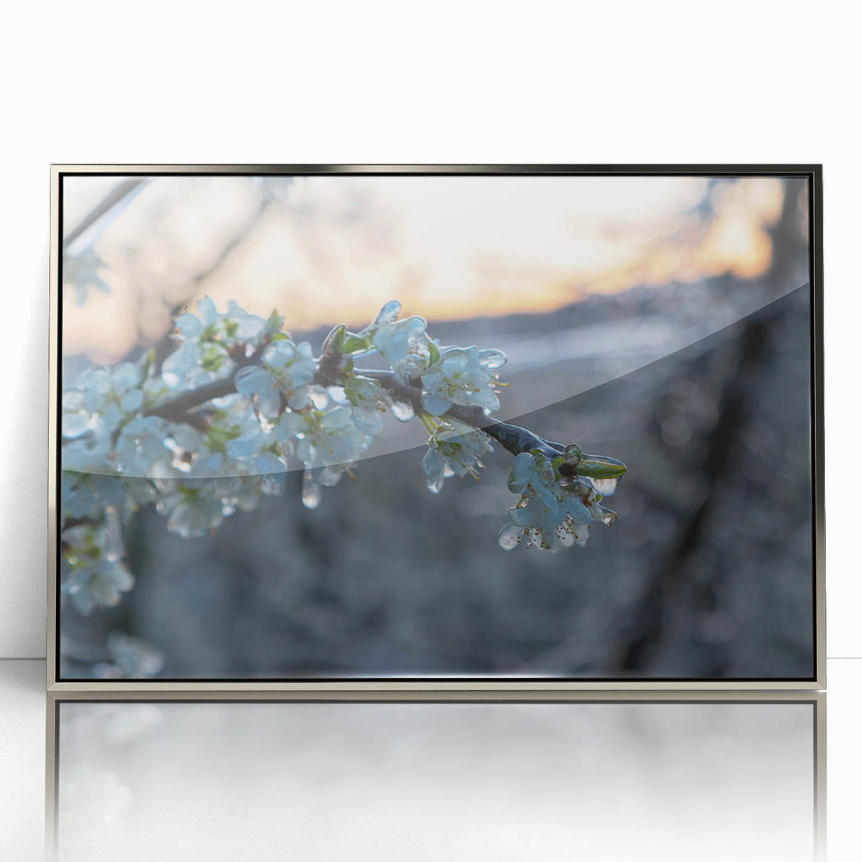 Art deco poster featuring close-up of frost patterns in muted silver tones, framed acrylic, ideal for modern art wall decor.