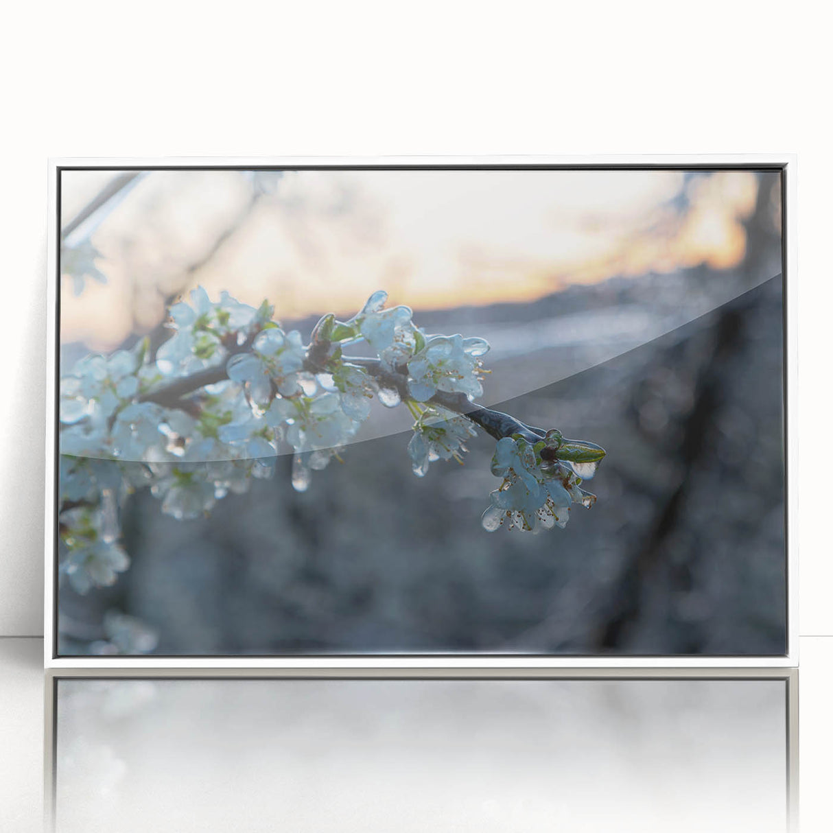 Close-up of frost patterns in muted gray tones on a framed acrylic, suitable for modern art wall decor.