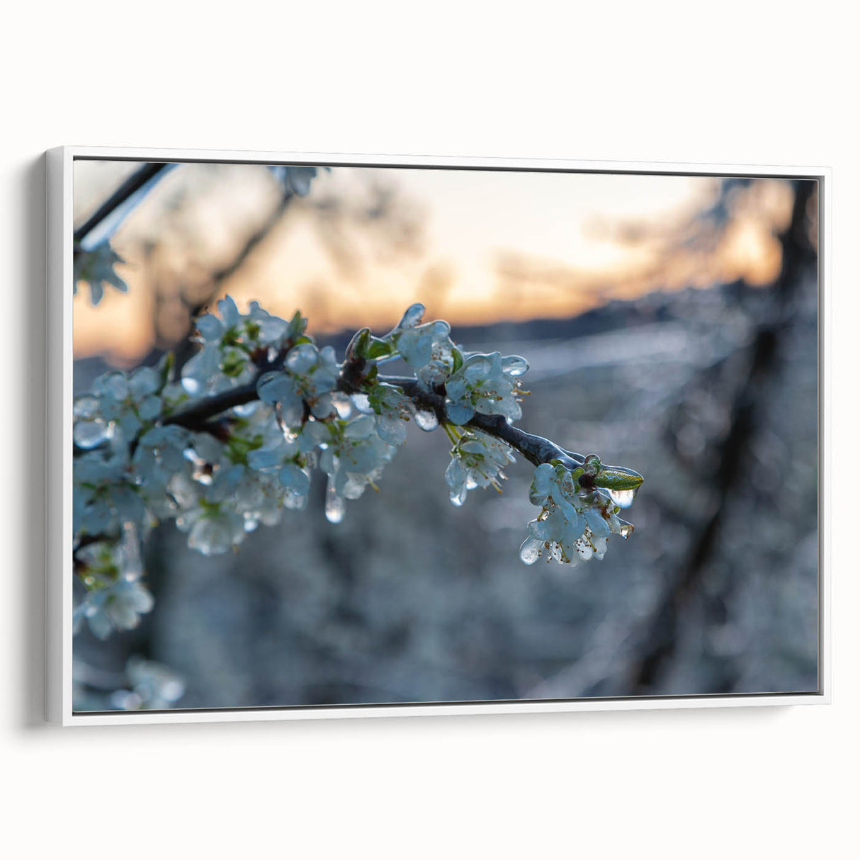 Framed canvas featuring a close-up of frost patterns in muted gray and white tones, suitable for bedroom decor.