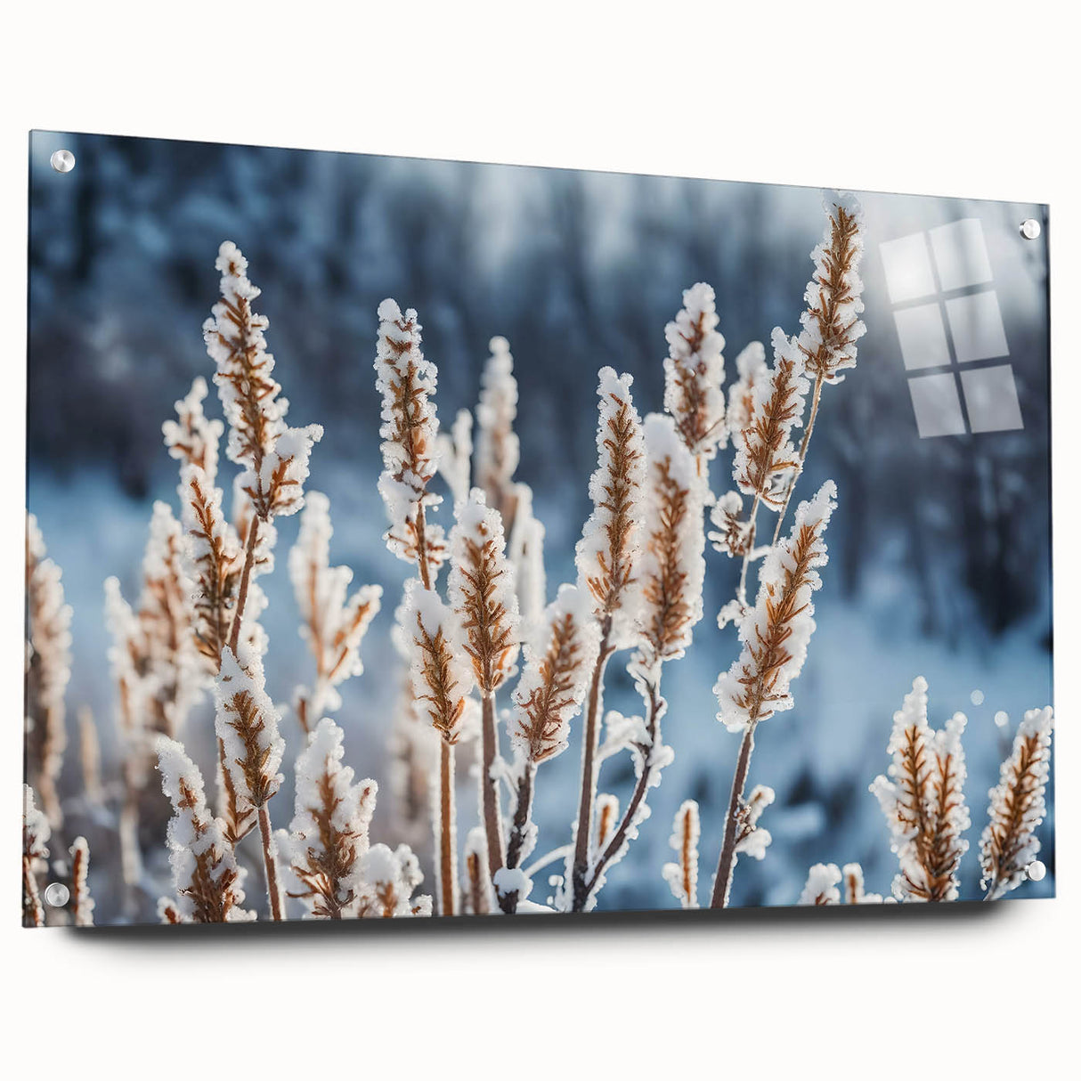 Close-up of frost patterns on acrylic glass, in muted blue and white tones, ideal for bedroom or dining room wall decor.