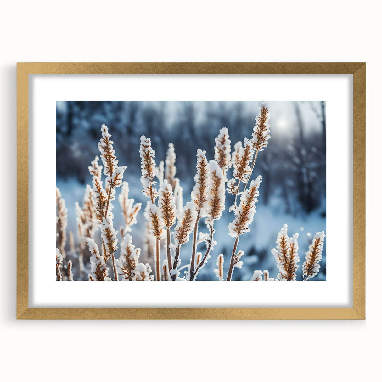 Textured art print featuring abstract frost patterns in subdued white and blue tones, encased in a gold frame with mat.