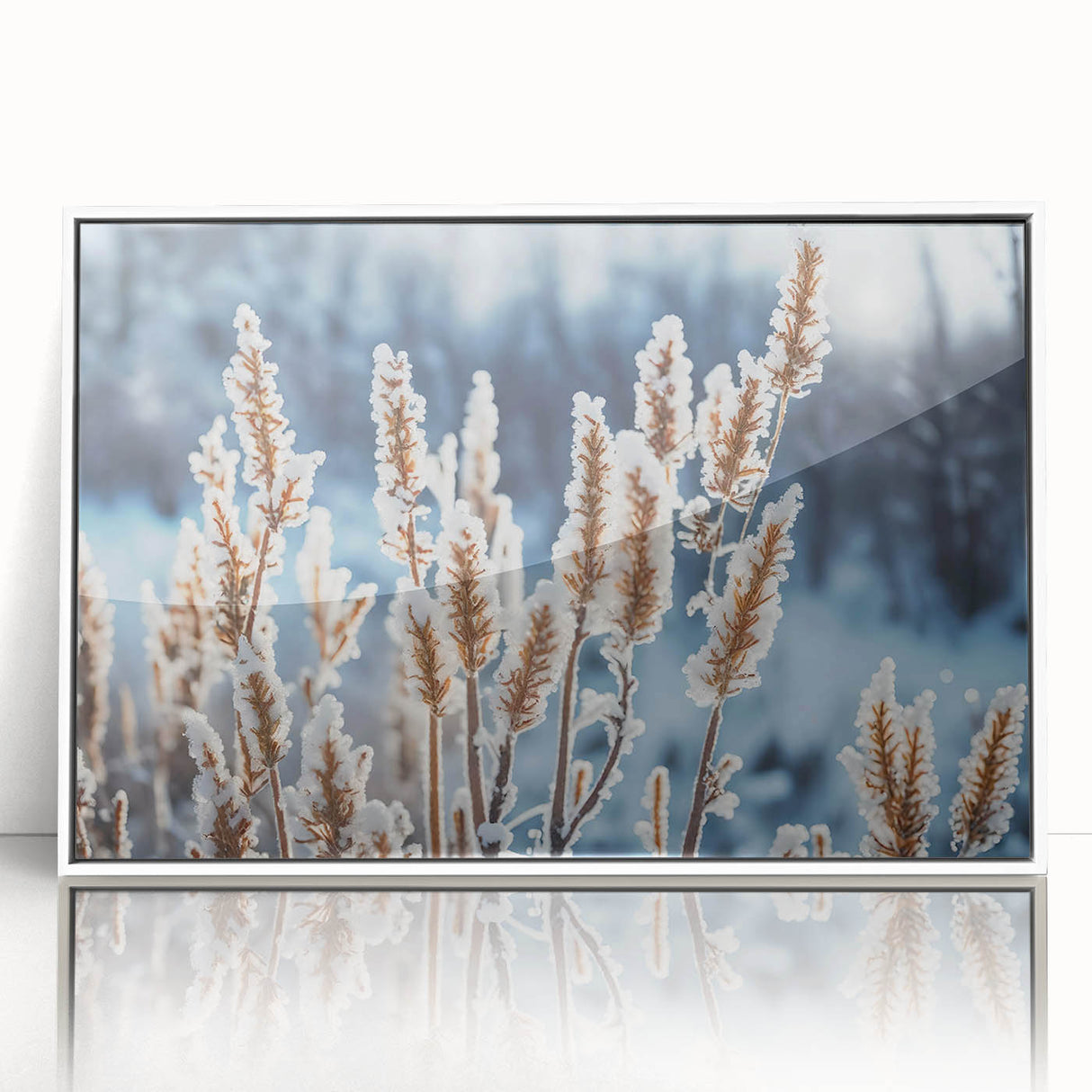 Large art print of a frost design on acrylic, framed in white, ideal for modern nursery wall decor.