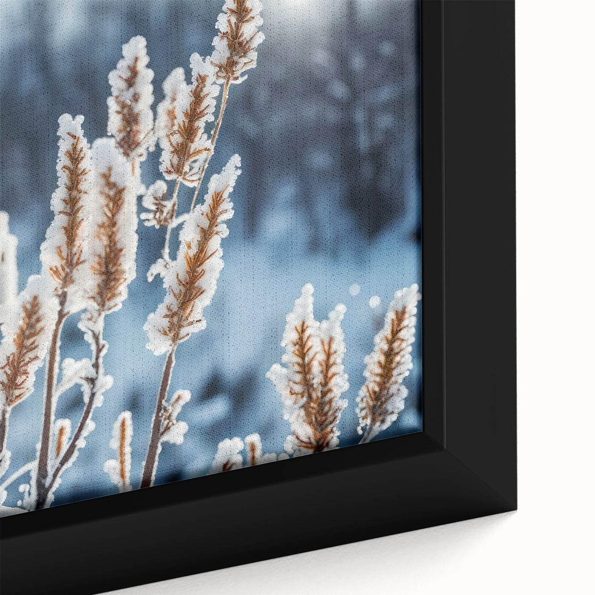 Close-up of black framed canvas featuring a textured frost design in vibrant colors, ideal for living room decor.