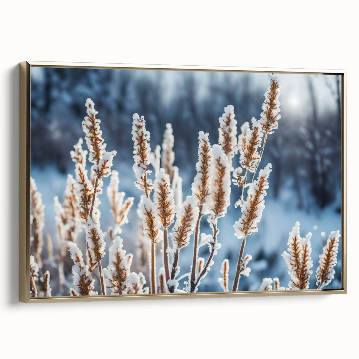 Framed canvas featuring a close-up of frost patterns in muted gray and gold tones, suitable for modern office decor.