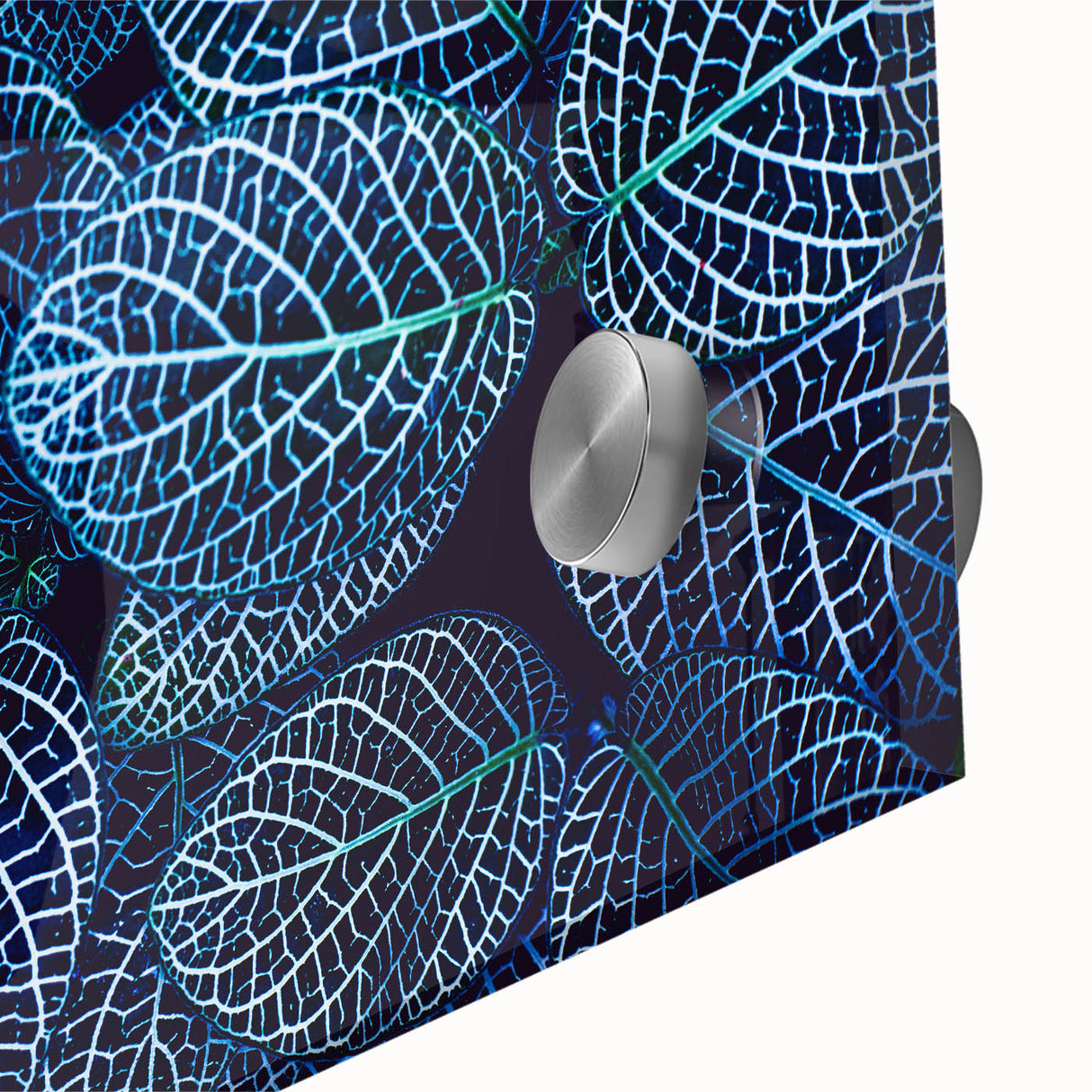 Large abstract wall art featuring close-up leaves in green and yellow hues on acrylic glass, ideal for dining room ambiance.