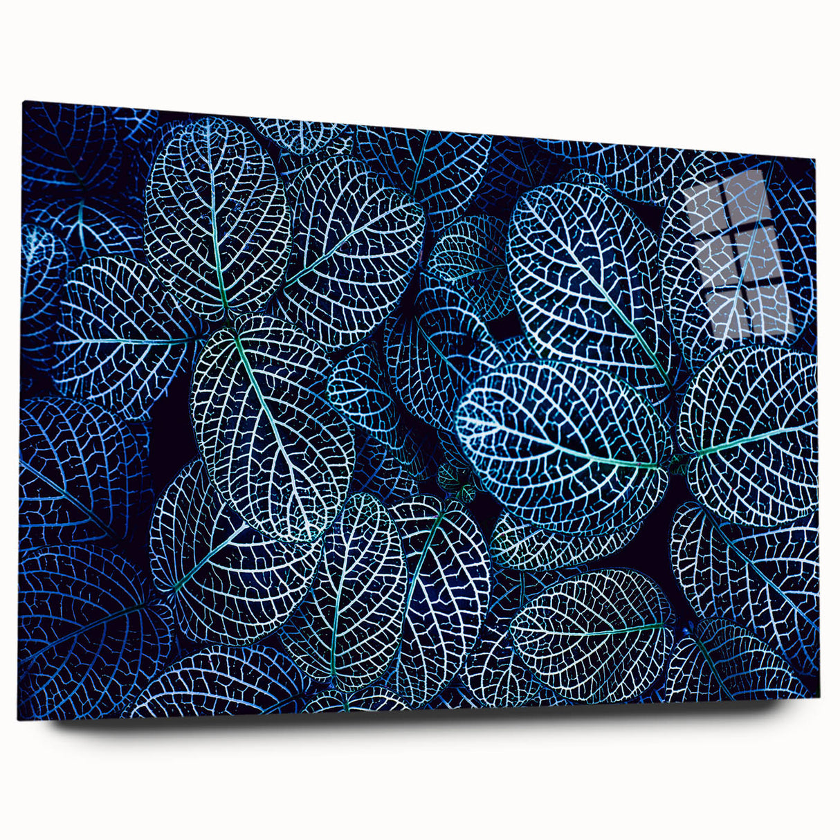 Close-up of green leaves in an abstract design on acrylic glass, suitable for bedroom or dining room decor.