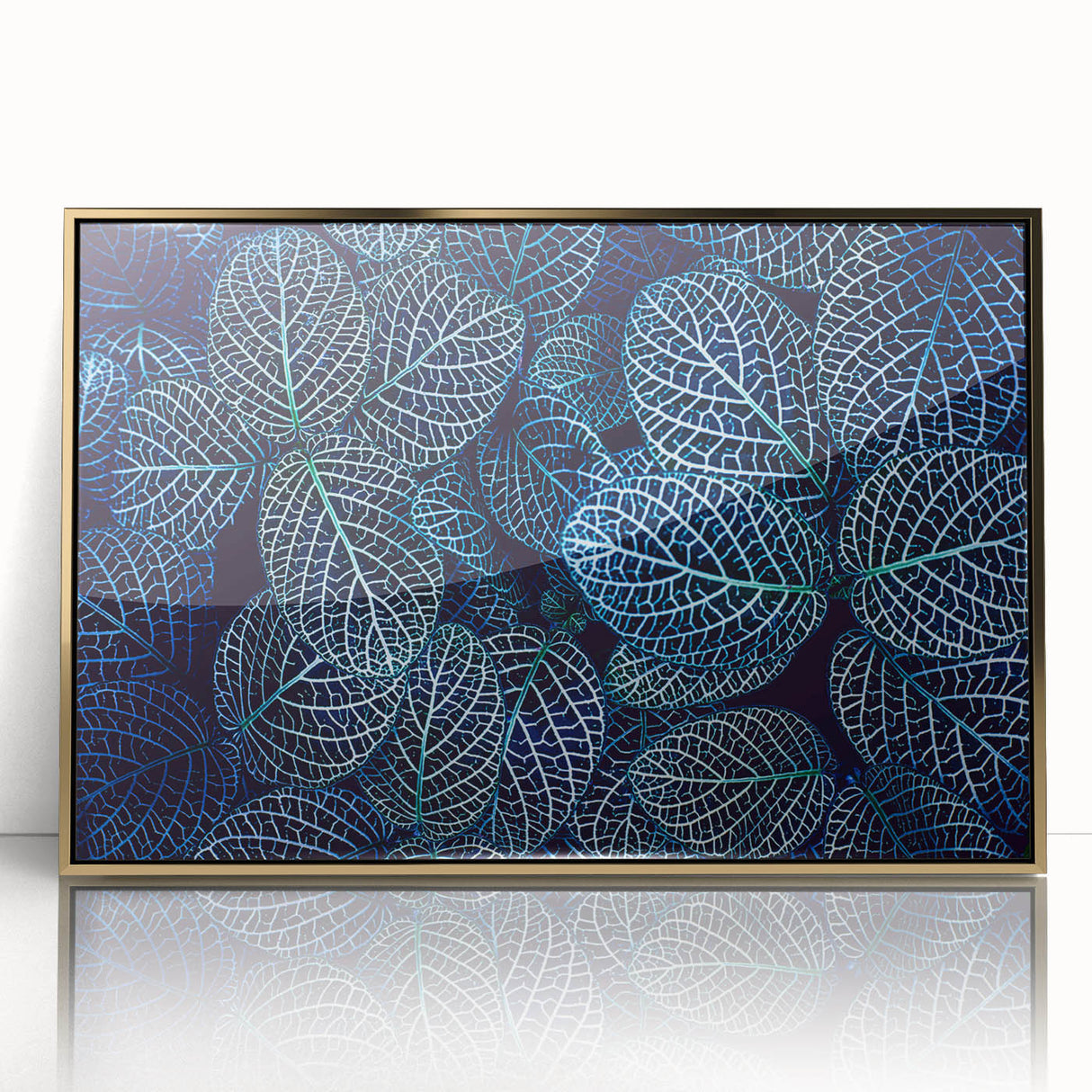 Close-up of leaves in gold frame, acrylic print, mid-century modernist style, suitable for modern nursery decor.