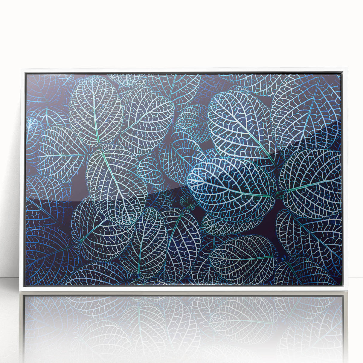 Art deco poster featuring close-up leaves design in muted green and white hues, framed acrylic, ideal for nursery wall art.