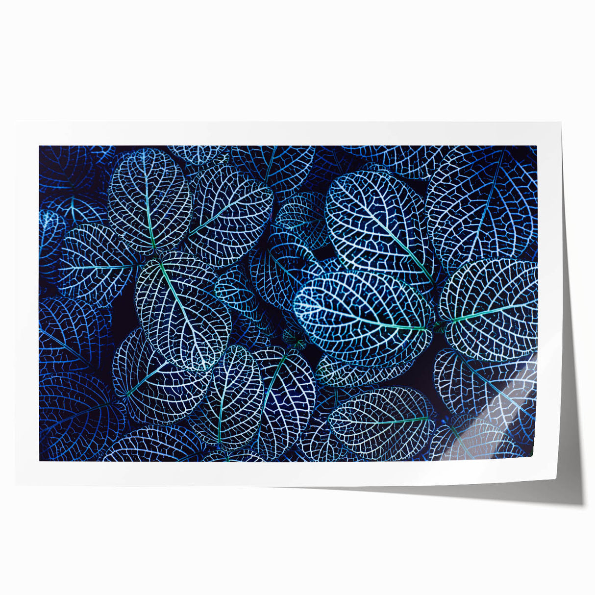 Close-up of green leaves on a rolled canvas print with vibrant green tones, ideal for dining room wall art.