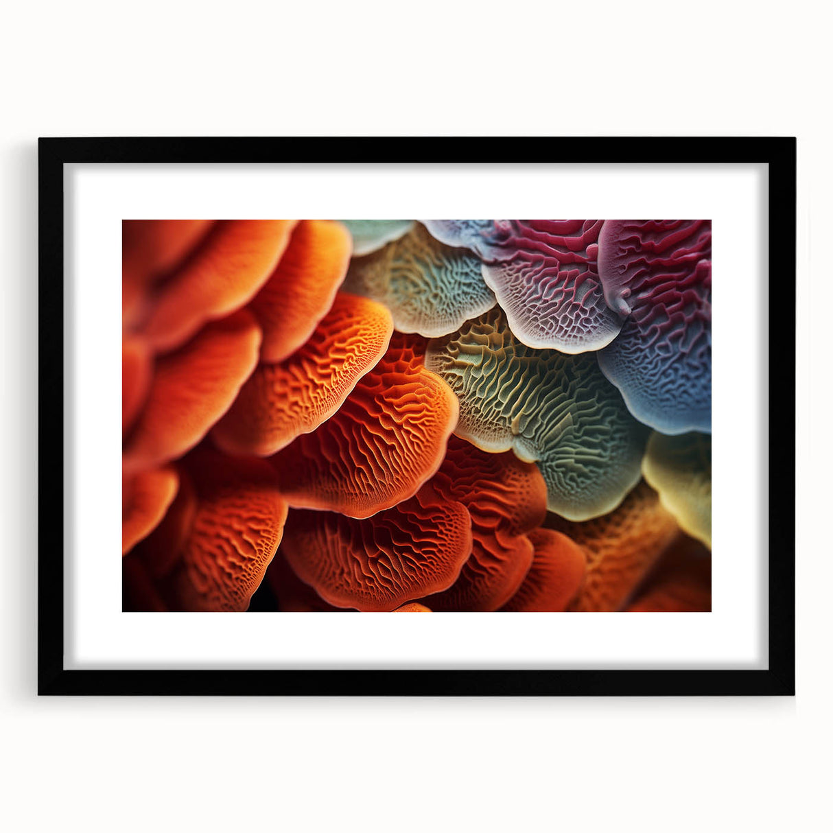 Extra large abstract art print featuring textured, colorful leaves design on a black framed canvas.