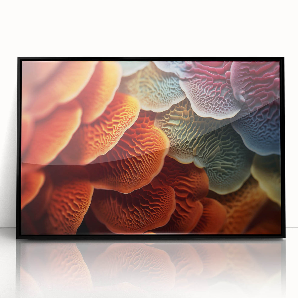 Large abstract wall art of overlapping leaves in muted green tones on a framed acrylic, suitable for modern art wall decor.