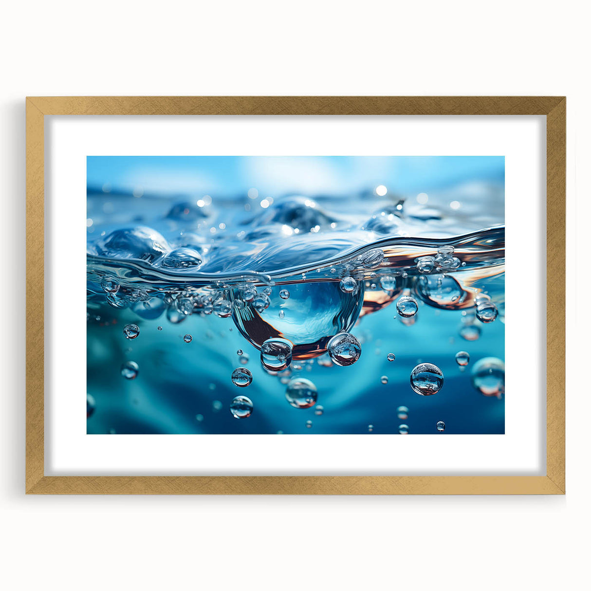 Extra large abstract art print featuring textured water design in gold frame, suited for living room decor.