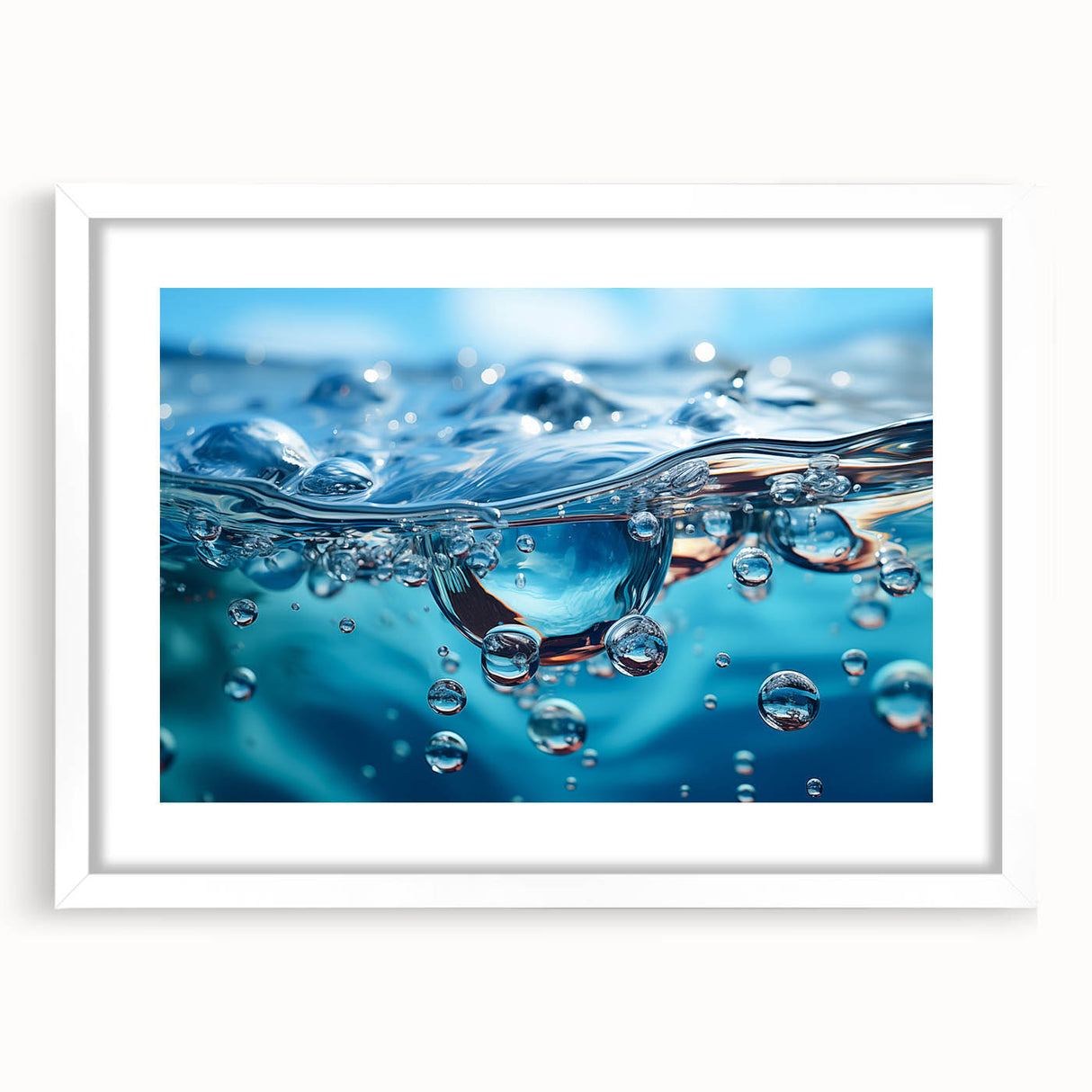 Abstract art print featuring close-up water design in blue and gray tones on a framed white mat.
