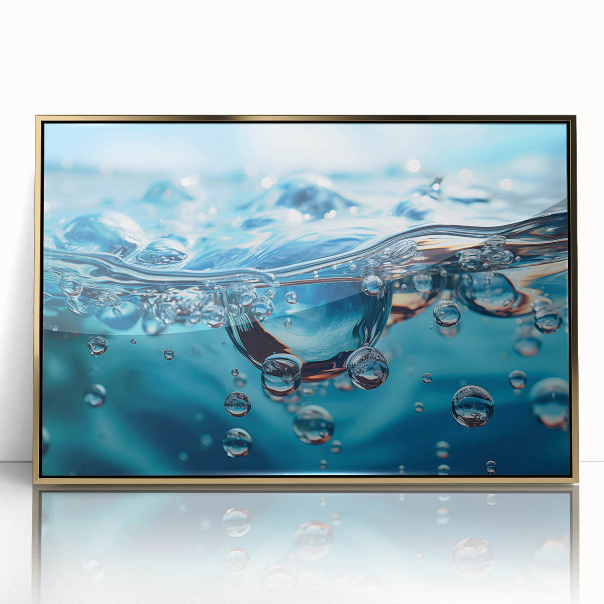 Large framed acrylic print of a close-up water design in shades of blue and gold, ideal for modern art wall decor.