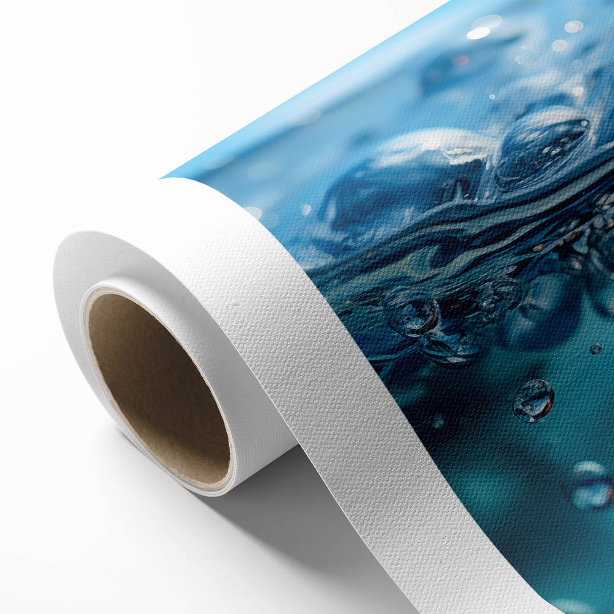 Art deco poster featuring a close-up of water droplets on a leaf, in cool blue and green shades, on rolled canvas.