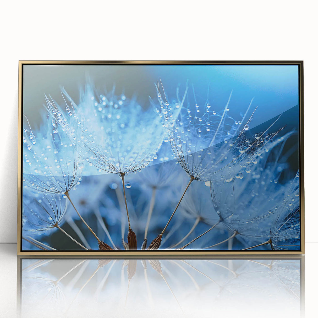 Large art print of a close-up water design in muted blue tones on framed acrylic, suitable for modern nursery decor.