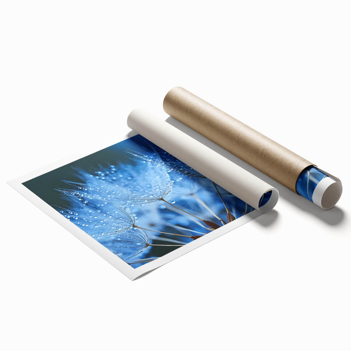 Extra large rolled print of a close-up floral design in soft blue and green tones, ideal for classy bathroom wall art.