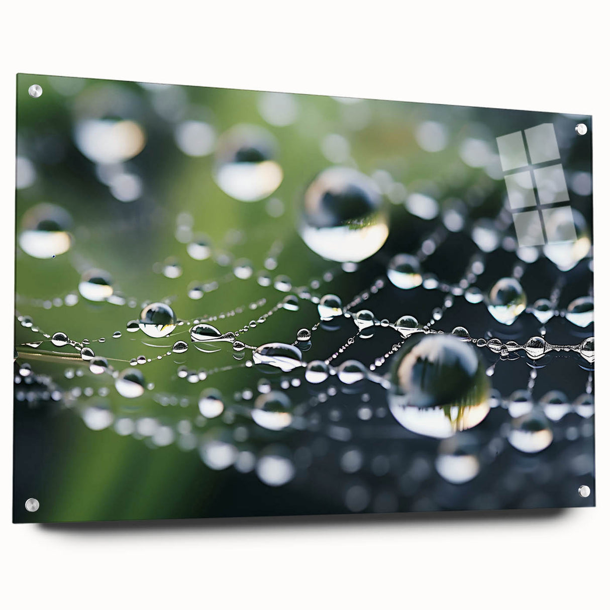 Close-up of water droplets on glass in muted blue and gray tones, acrylic print, suitable for bedroom or dining room decor.