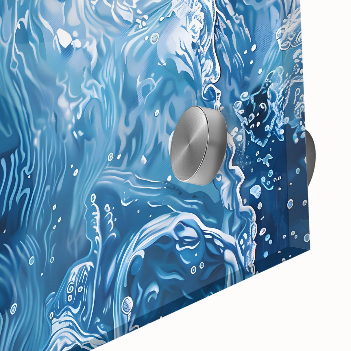 Close-up of water droplets on leaf in acrylic glass, featuring blues and greens, ideal for dining room art.