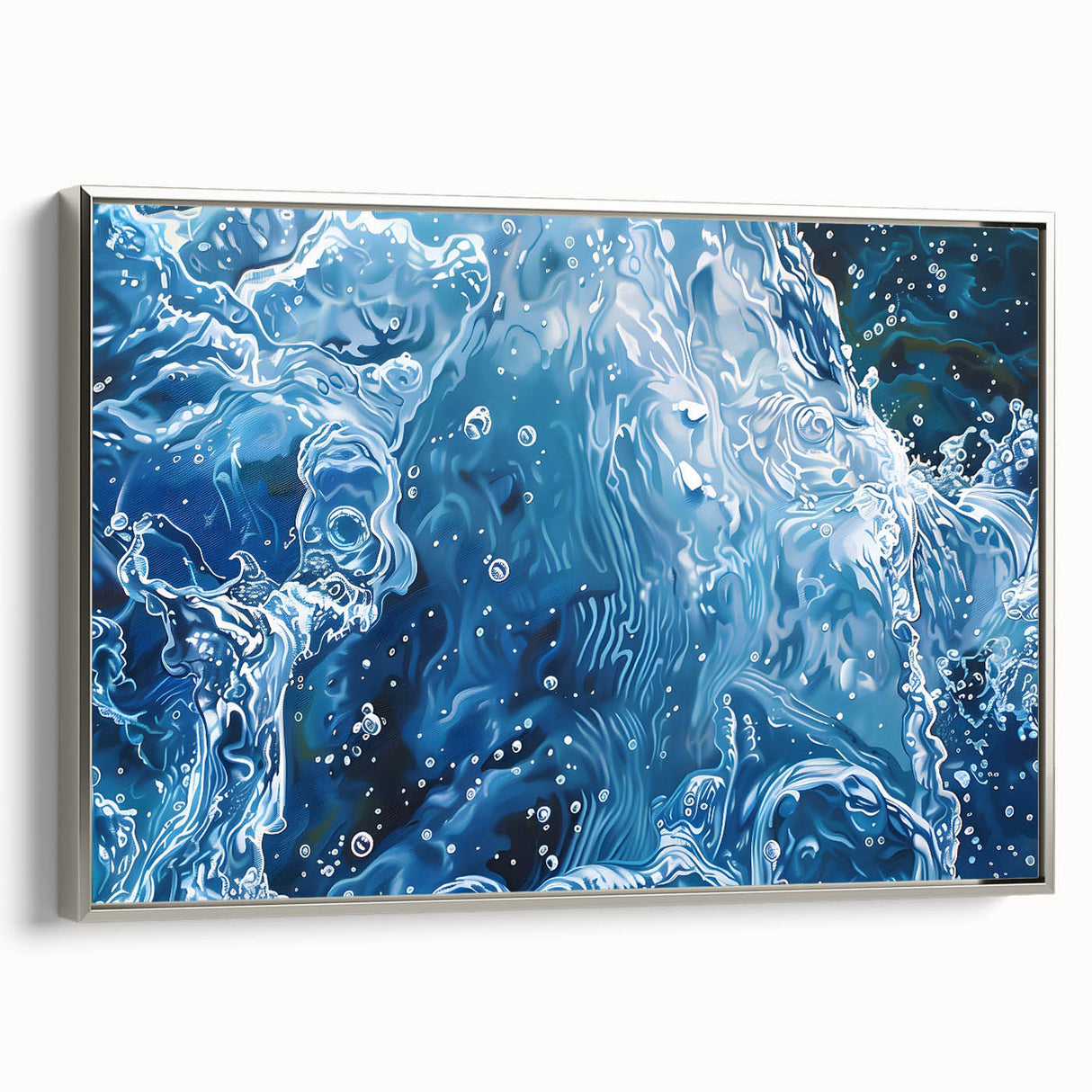 Landscape art painting of a serene river, framed canvas with silver edges, in a mix of vibrant blues and greens.