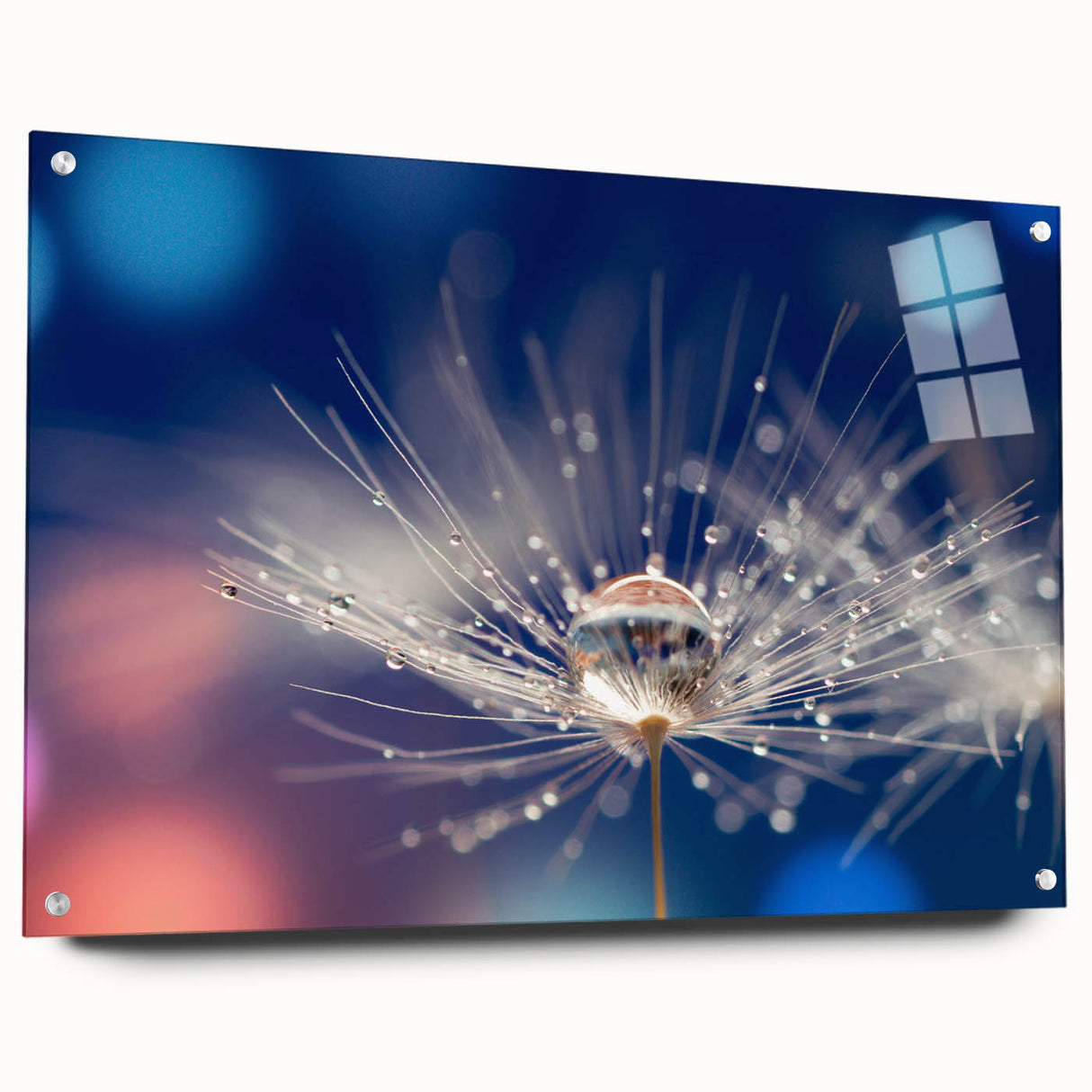 Abstract art print on acrylic glass featuring swirling blue and teal patterns, suitable for bedroom or dining room decor.