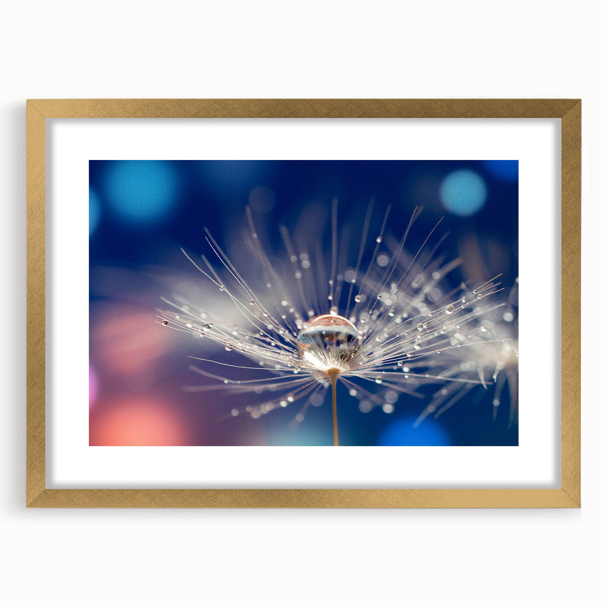 Extra large abstract art print featuring a textured, colorful water design on a gold-framed canvas.