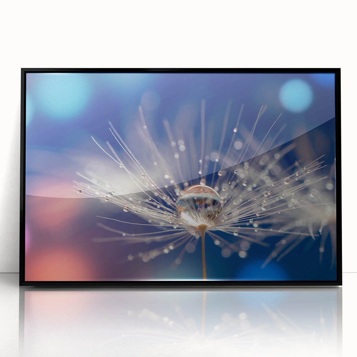 Large abstract wall art featuring swirling blue and white patterns, framed in black acrylic.