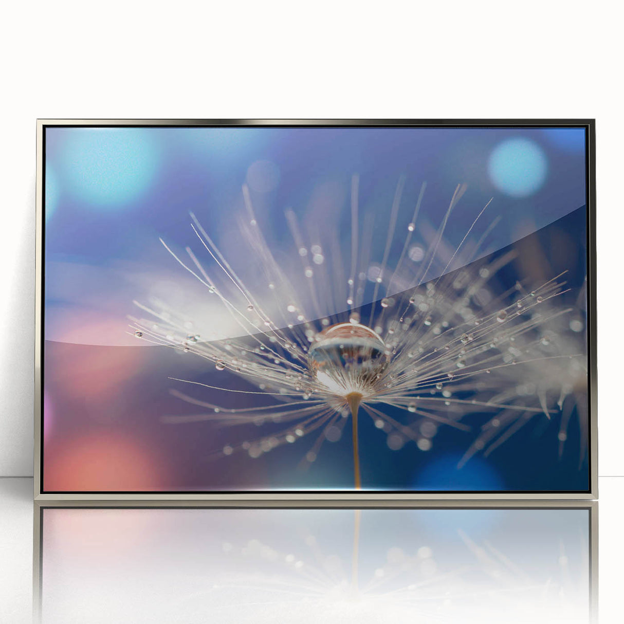 Close-up of water droplets on leaf in silver framed acrylic, featuring soft gray and blue tones, ideal for nursery wall art.