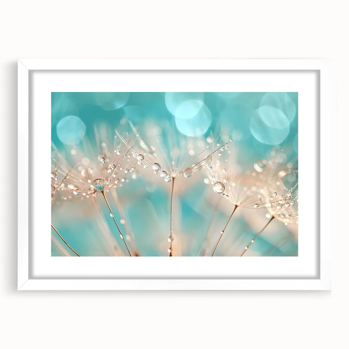 Abstract art print featuring swirling blue and white patterns on a framed canvas.