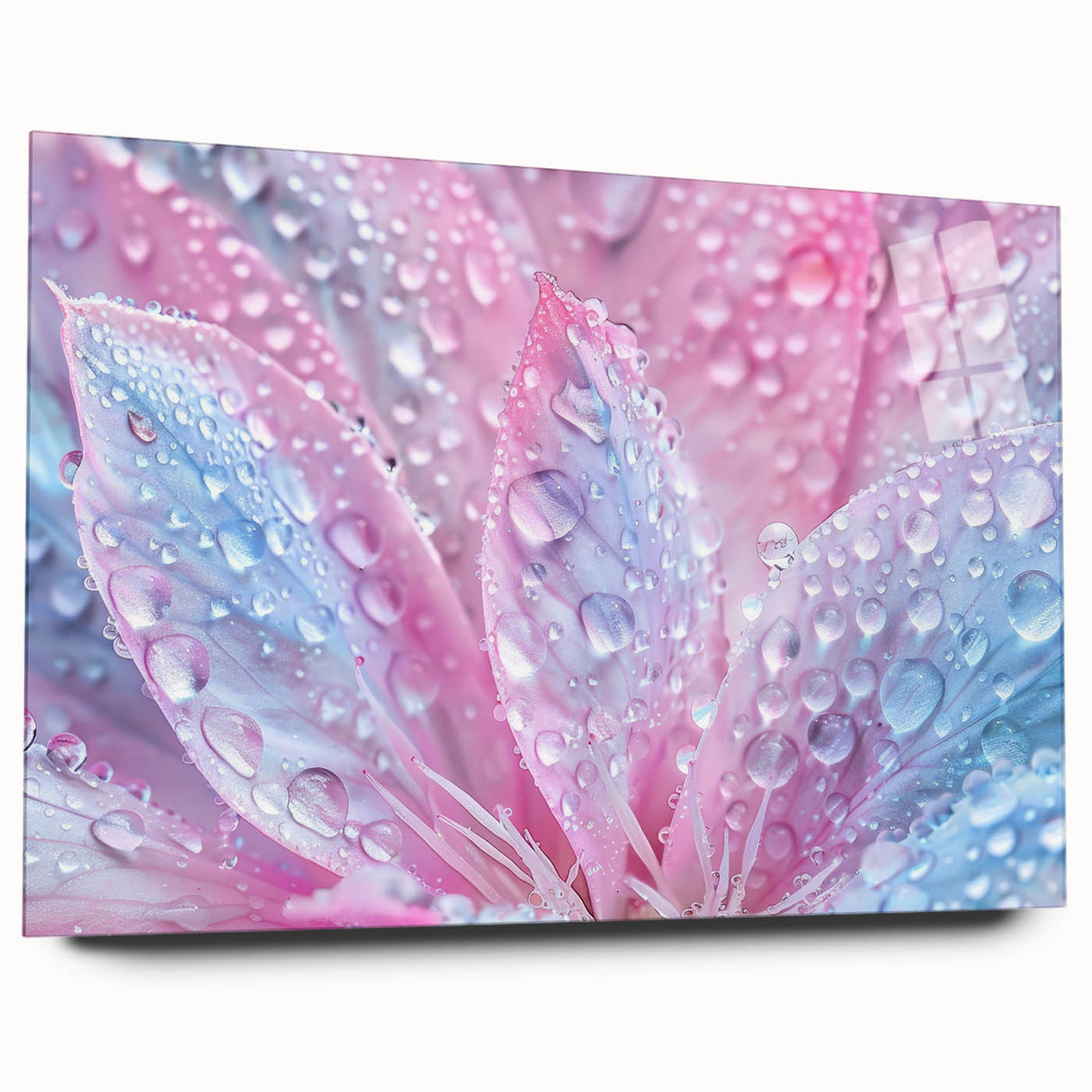 Large abstract wall art on acrylic glass depicting swirling blue and green patterns.