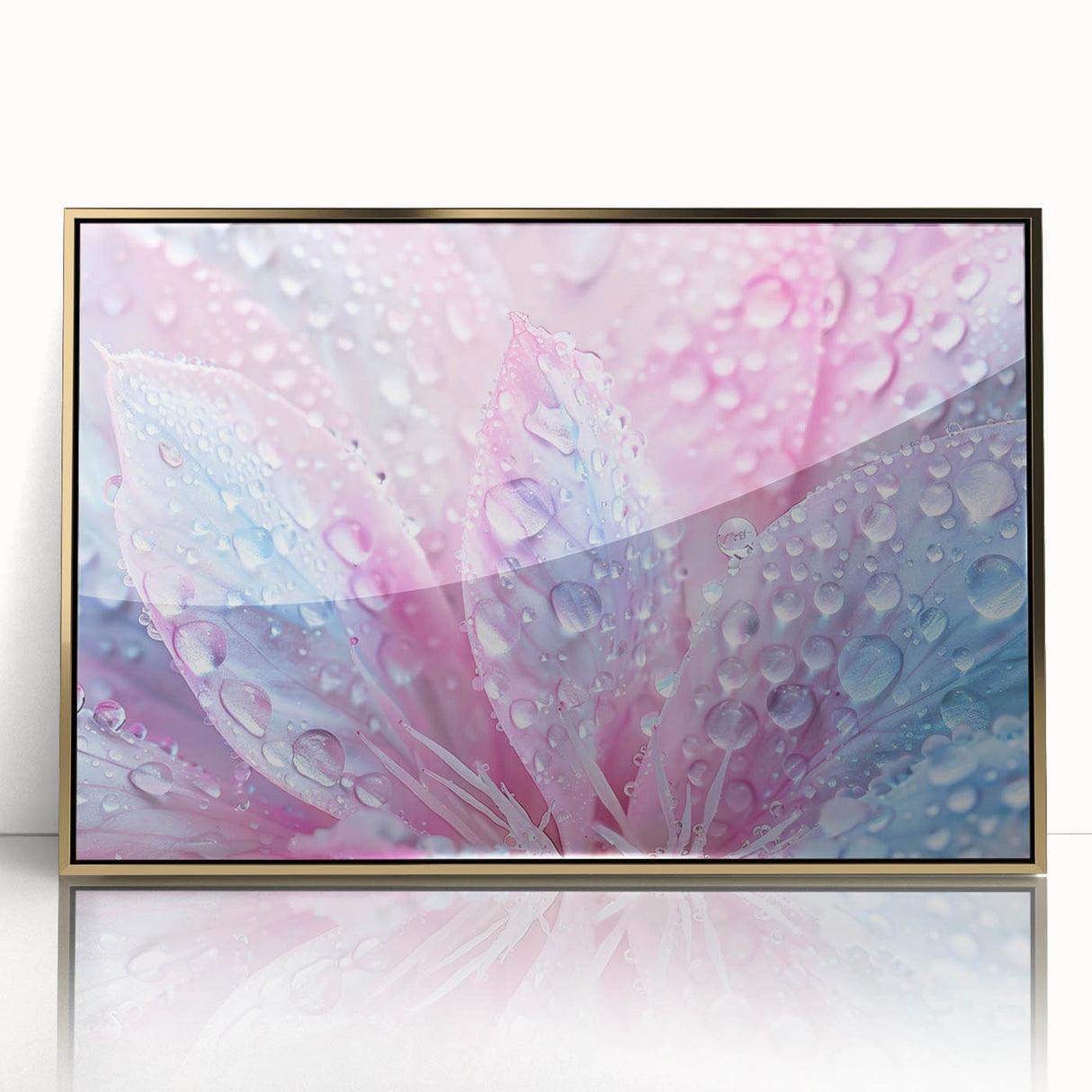 Large art print of a close-up water design in muted blue tones on a framed acrylic, embodying mid-century modernist style.