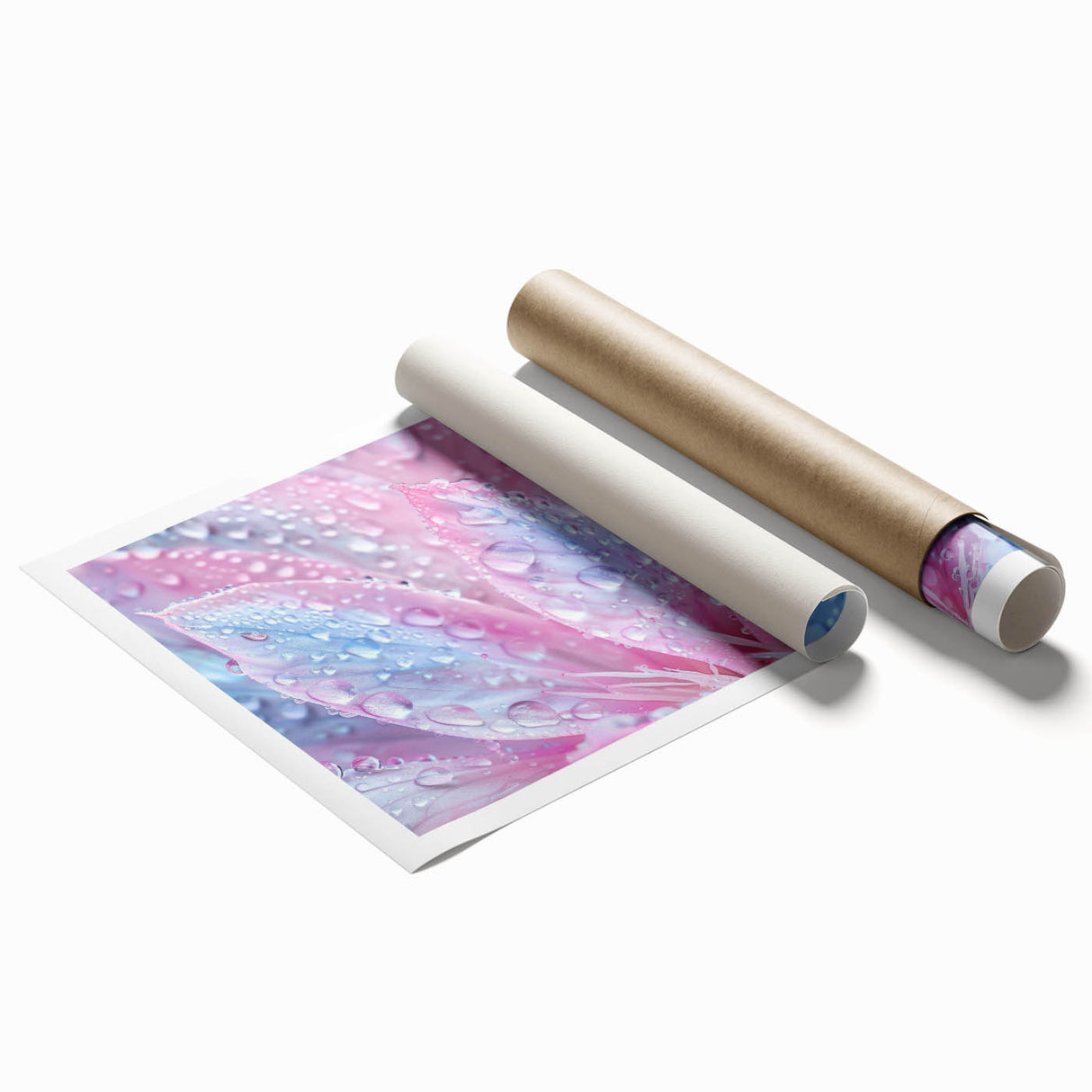 Extra large rolled print featuring close-up floral art in soft pastel shades, ideal for classy bathroom wall art.
