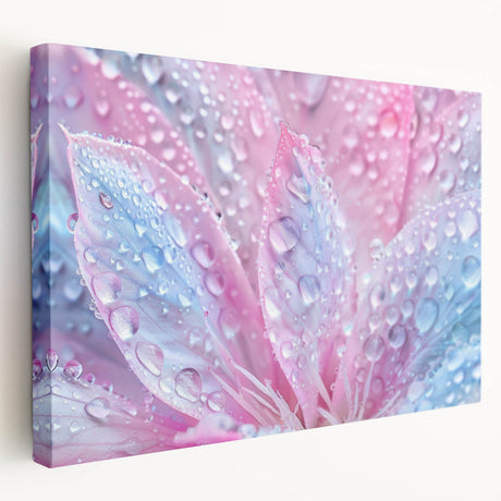 Close-up image of water droplets on a vibrant blue background on a stretched canvas, suitable for kitchen wall art.