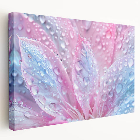 Close-up image of water droplets on a vibrant blue background on a stretched canvas, suitable for kitchen wall art.