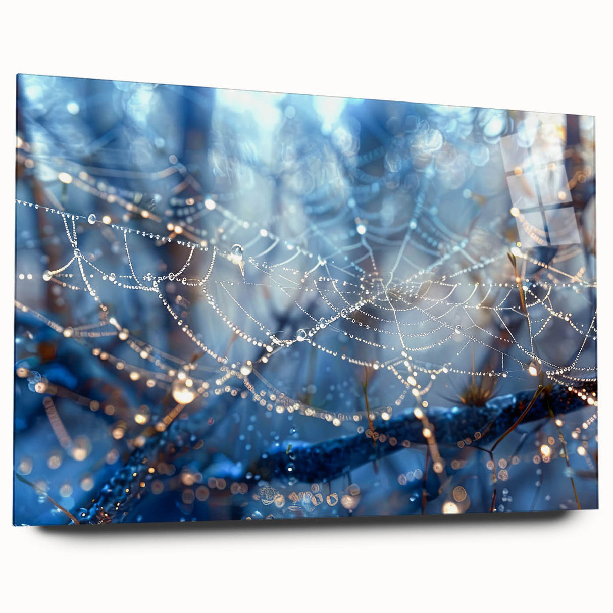 Close-up of water droplets on glass in muted blue and gray tones, acrylic print, ideal for modern bedroom ambiance.