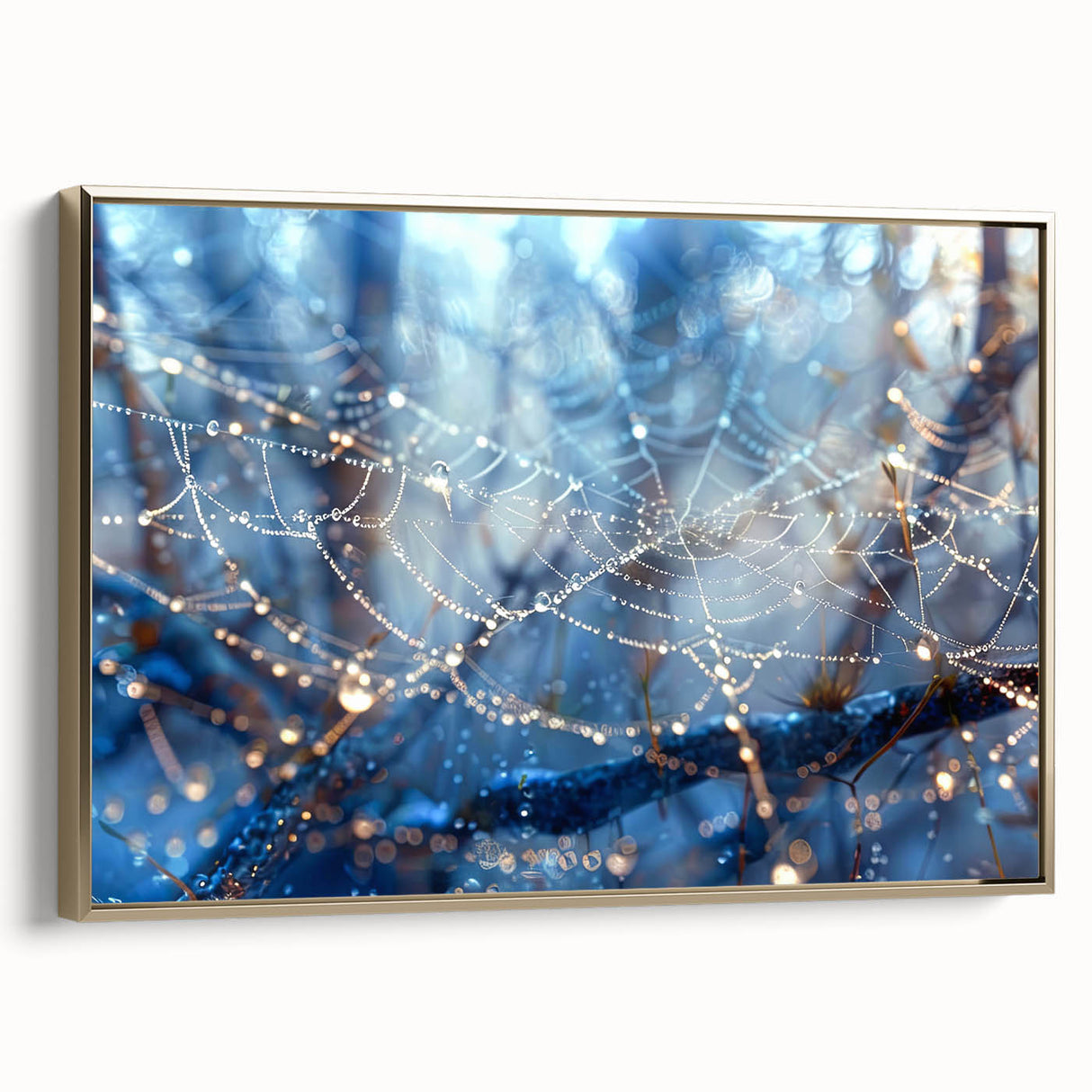 Framed canvas depicting a serene landscape with muted green and blue tones, suitable as wall art for a bedroom.