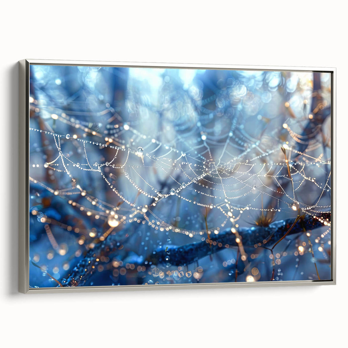 Landscape art painting featuring a close-up of water ripples, in a silver-framed canvas, with muted blues and grays.