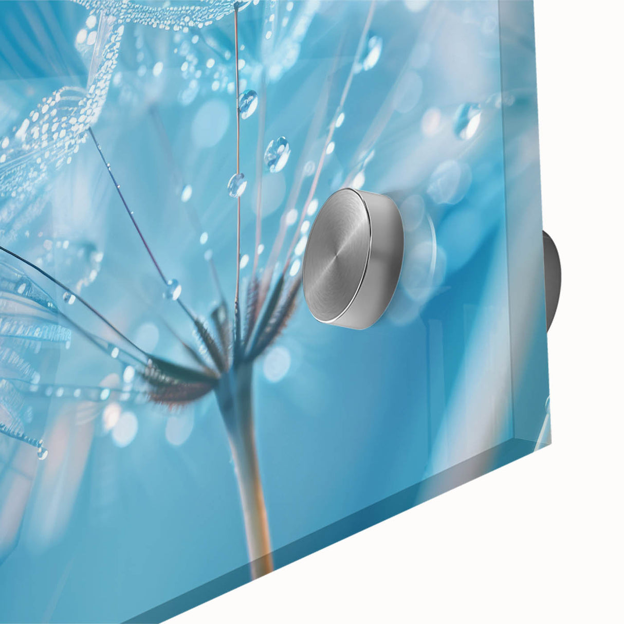 Large abstract wall art on acrylic glass featuring close-up water design in blue and white tones.