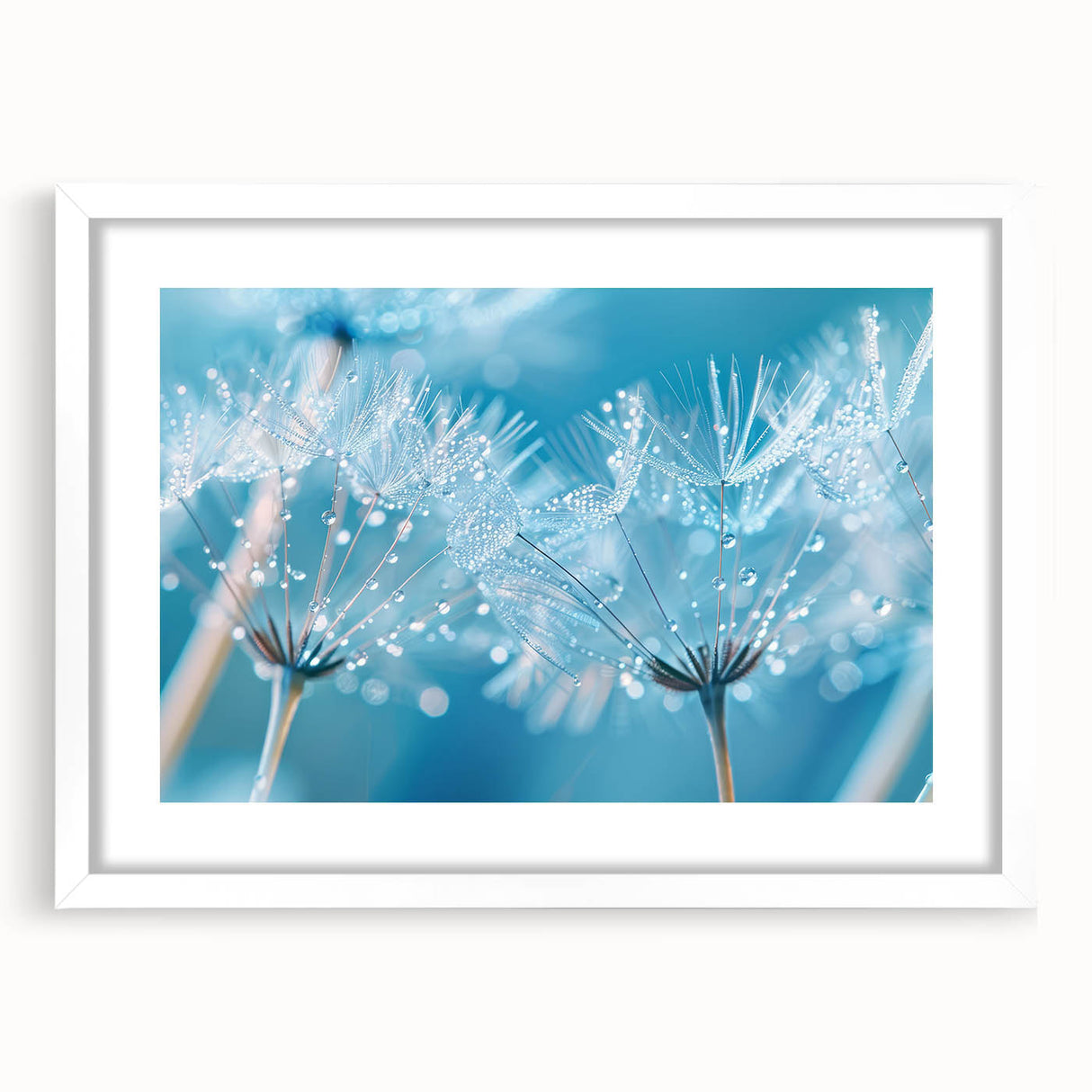 Abstract art print featuring close-up water design in muted blue and white tones, framed with a white mat.