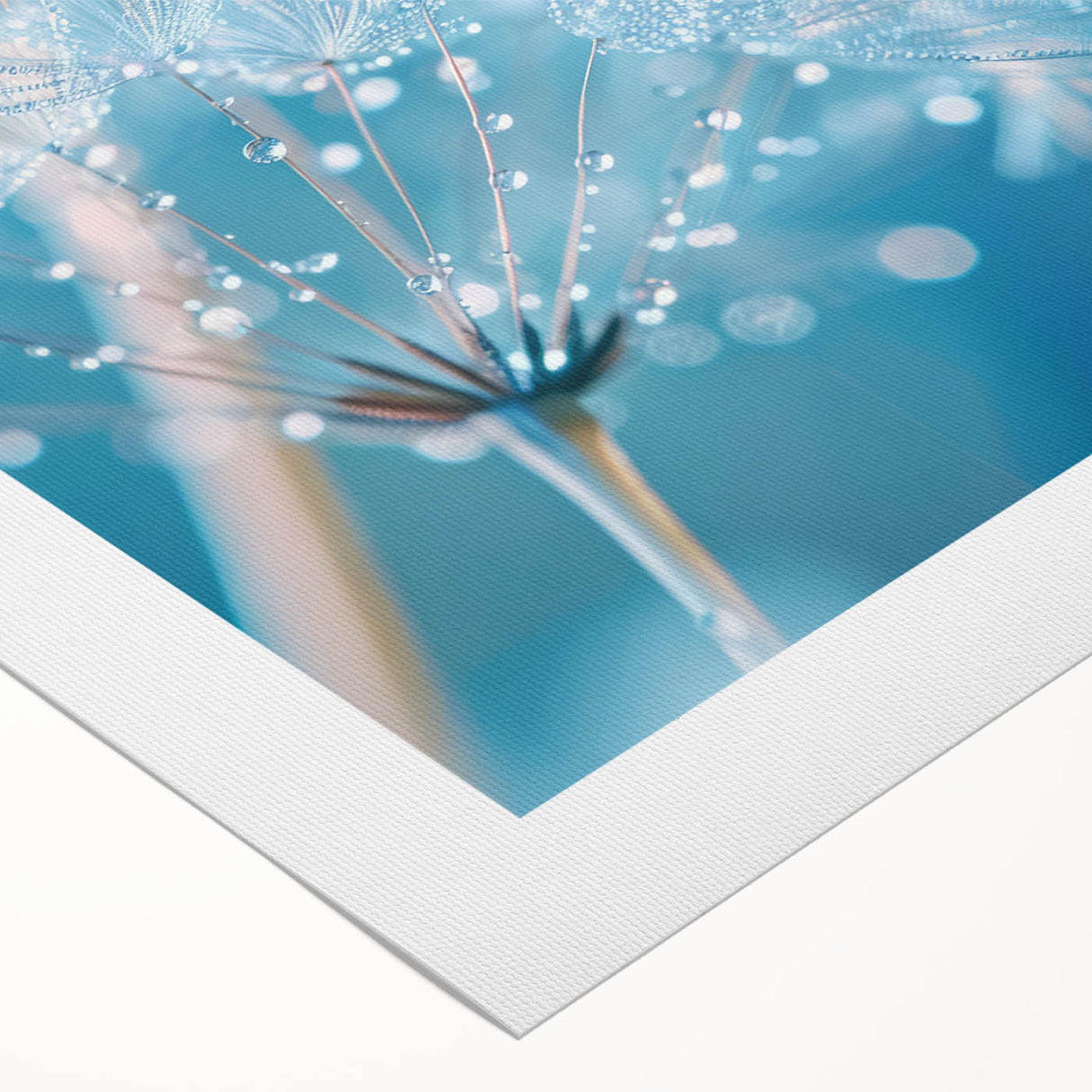 Art deco poster featuring close-up water droplets, in cool blue and gray tones on rolled canvas.