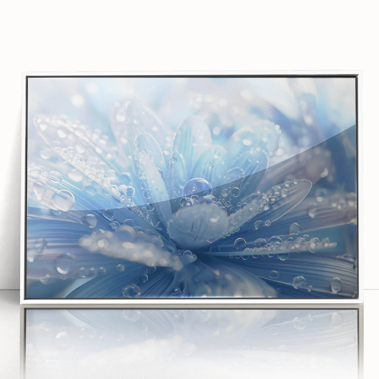 Close-up nature water design on a framed acrylic, featuring soft blue and white tones, suitable for modern nursery decor.