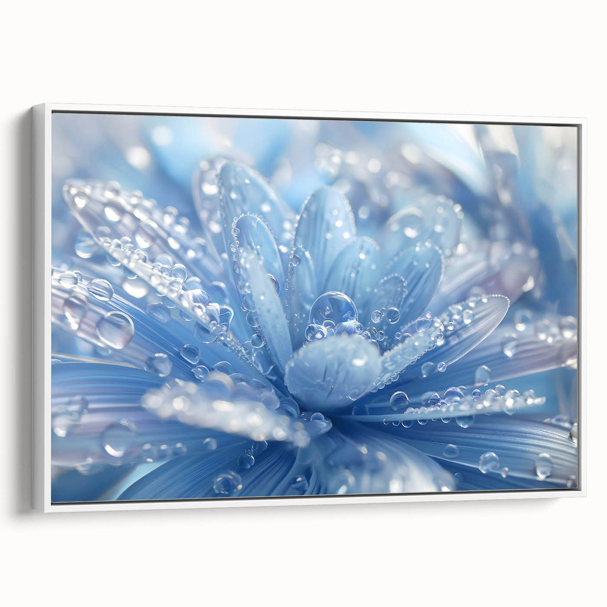 Vintage poster art depicting a close-up of water droplets, in vibrant colors on a white framed canvas.