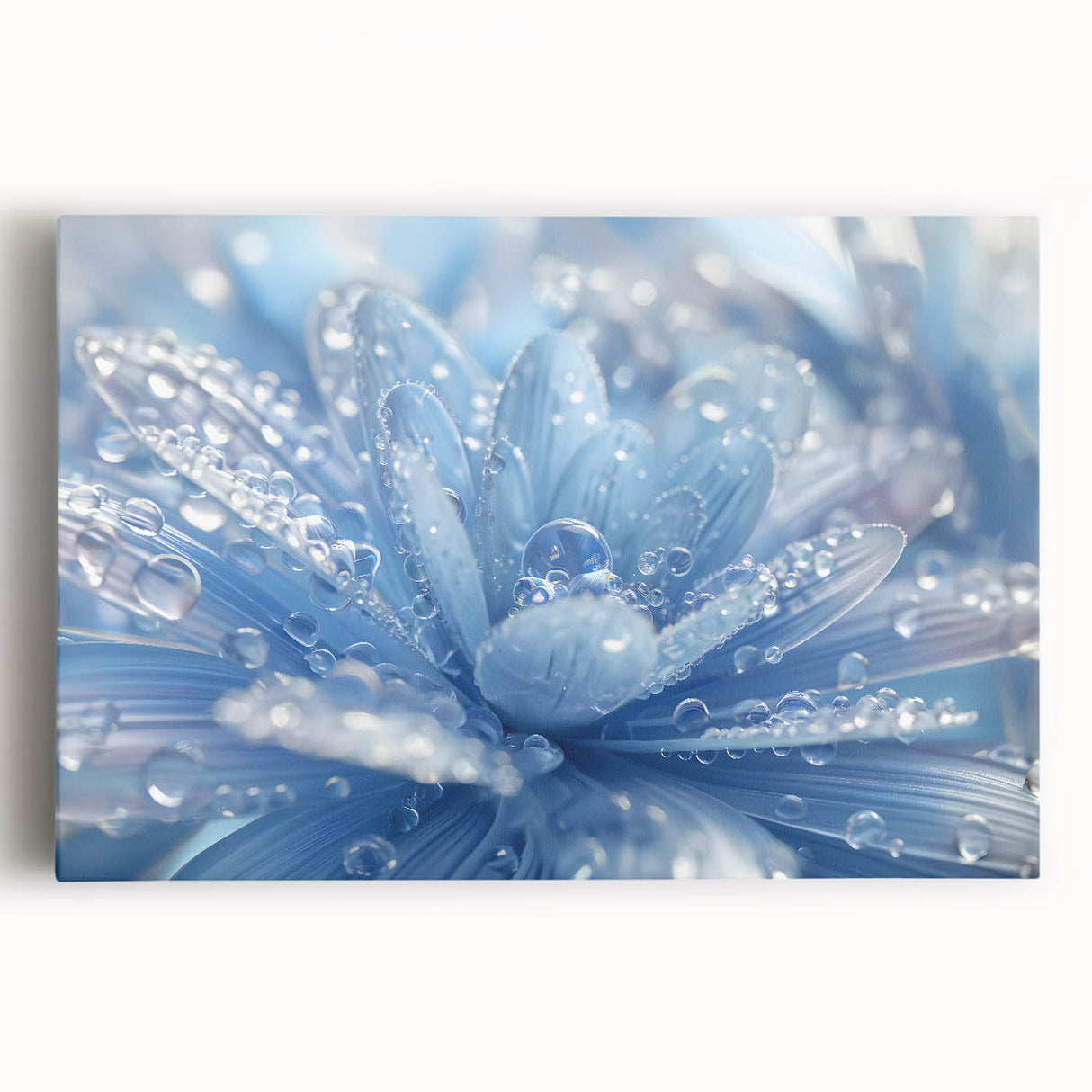 Close-up of water droplets on a surface in black and white, printed on a large stretched canvas, ideal for kitchen wall art.