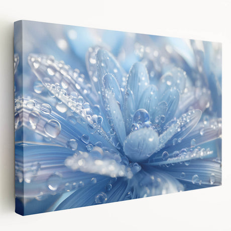 Close-up image of water droplets on a vibrant blue surface, printed on stretched canvas, suitable for kitchen wall art.