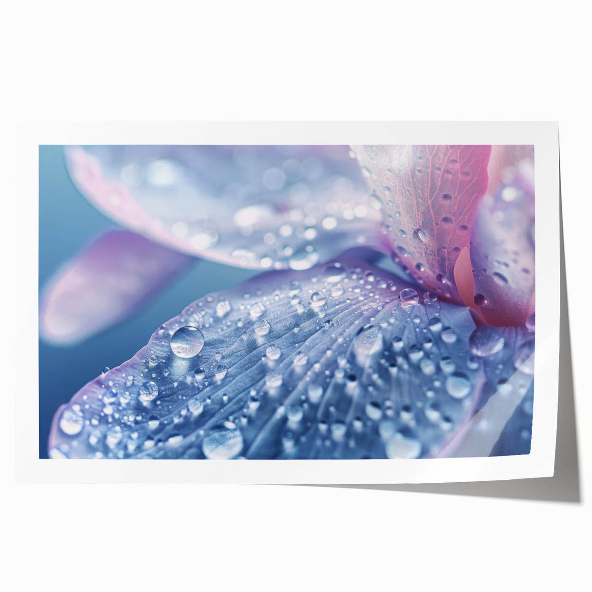 Close-up image of water droplets on vibrant green leaves on a rolled print, suitable for art wall dining room.