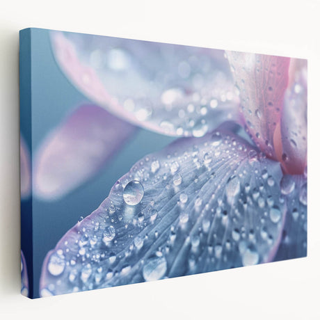 Close-up of water droplets on a leaf on stretched canvas, in soft blue and green hues, suitable for kitchen wall art.