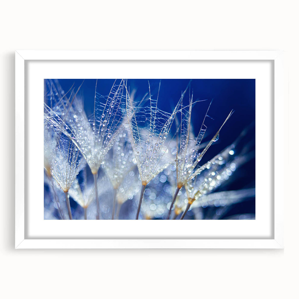 Abstract art print featuring close-up water patterns in blue and white hues, displayed in a white frame with mat.