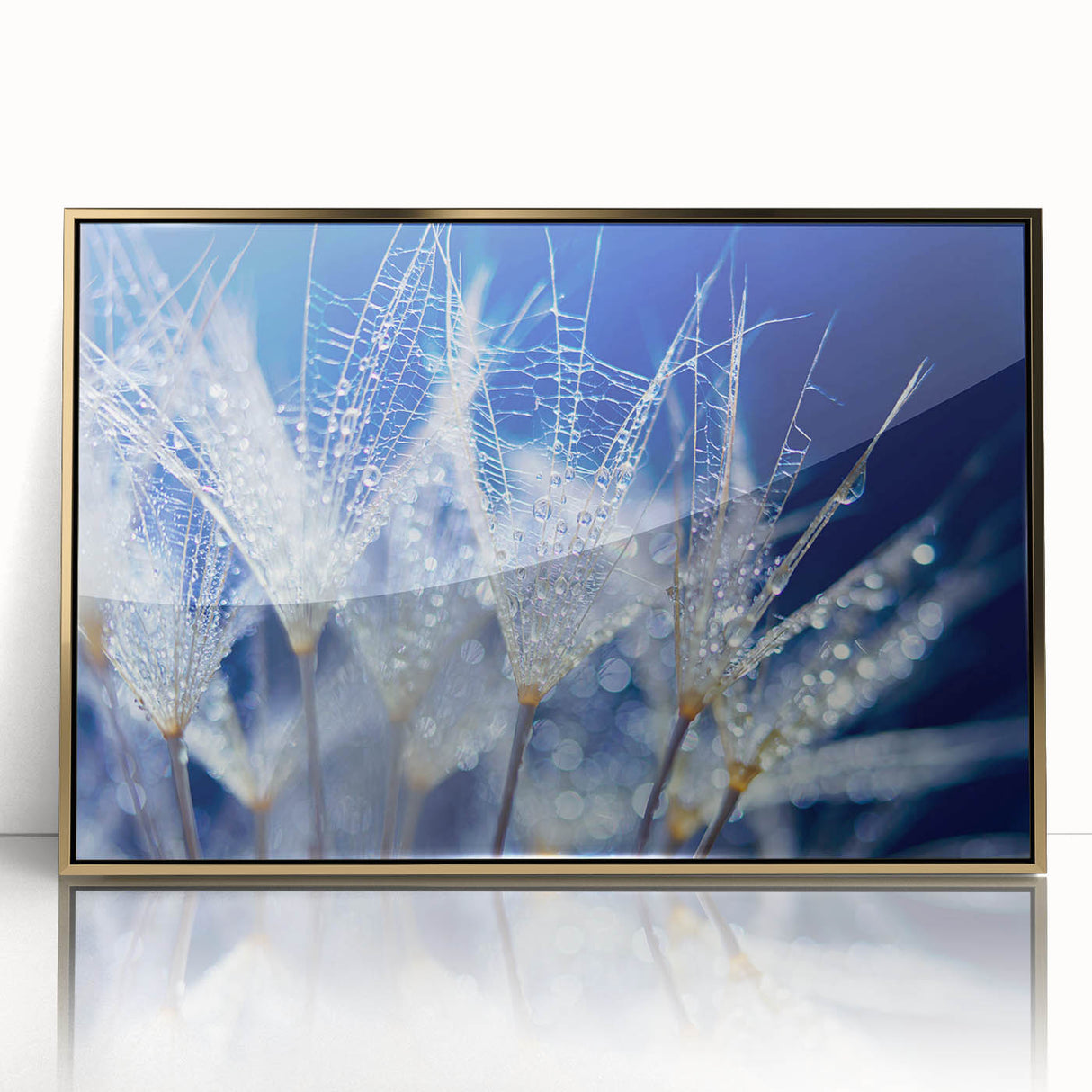 Close-up nature water design on large acrylic print in a gold frame, suited for modern nursery wall art.