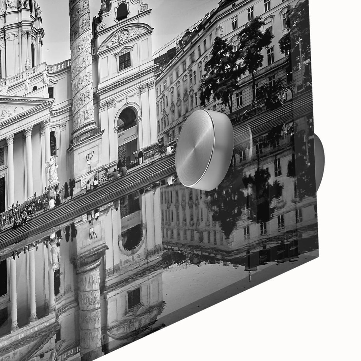 Large abstract wall art depicting a cathedral, in muted blue and gray tones on acrylic glass, ideal for dining room ambiance.